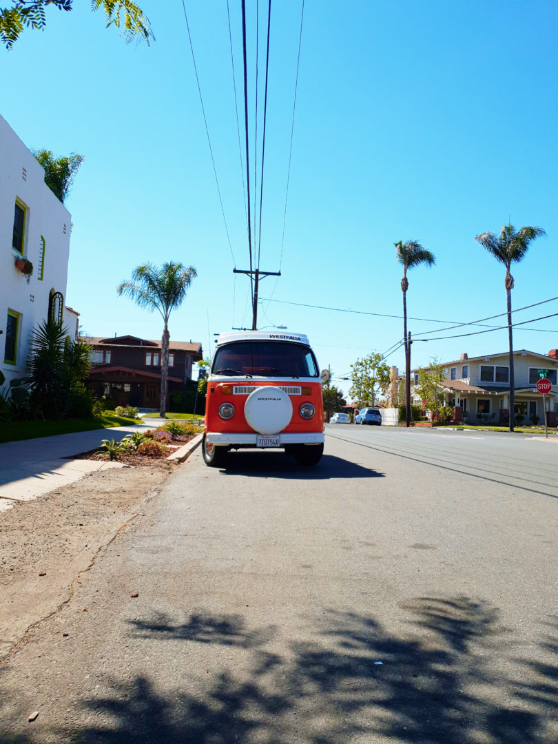 Roadtrip USA Mietwagen Guide: Bulli in San Diego unter Palmen.