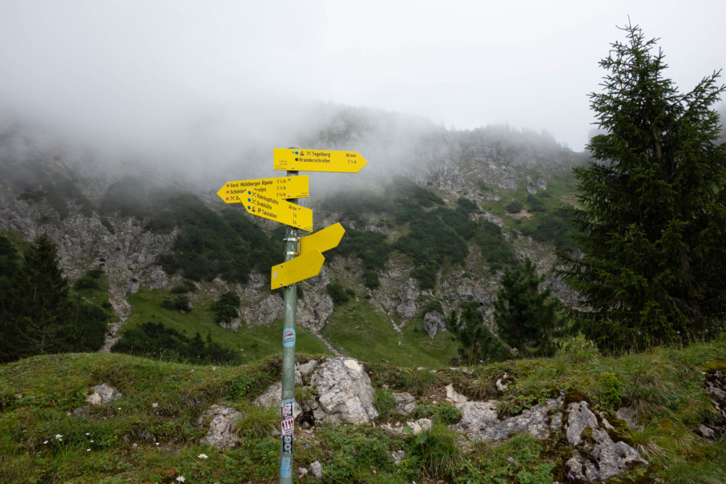 Wandern im Allgäu bei Regen: Wegweiser zum Tegelberg.